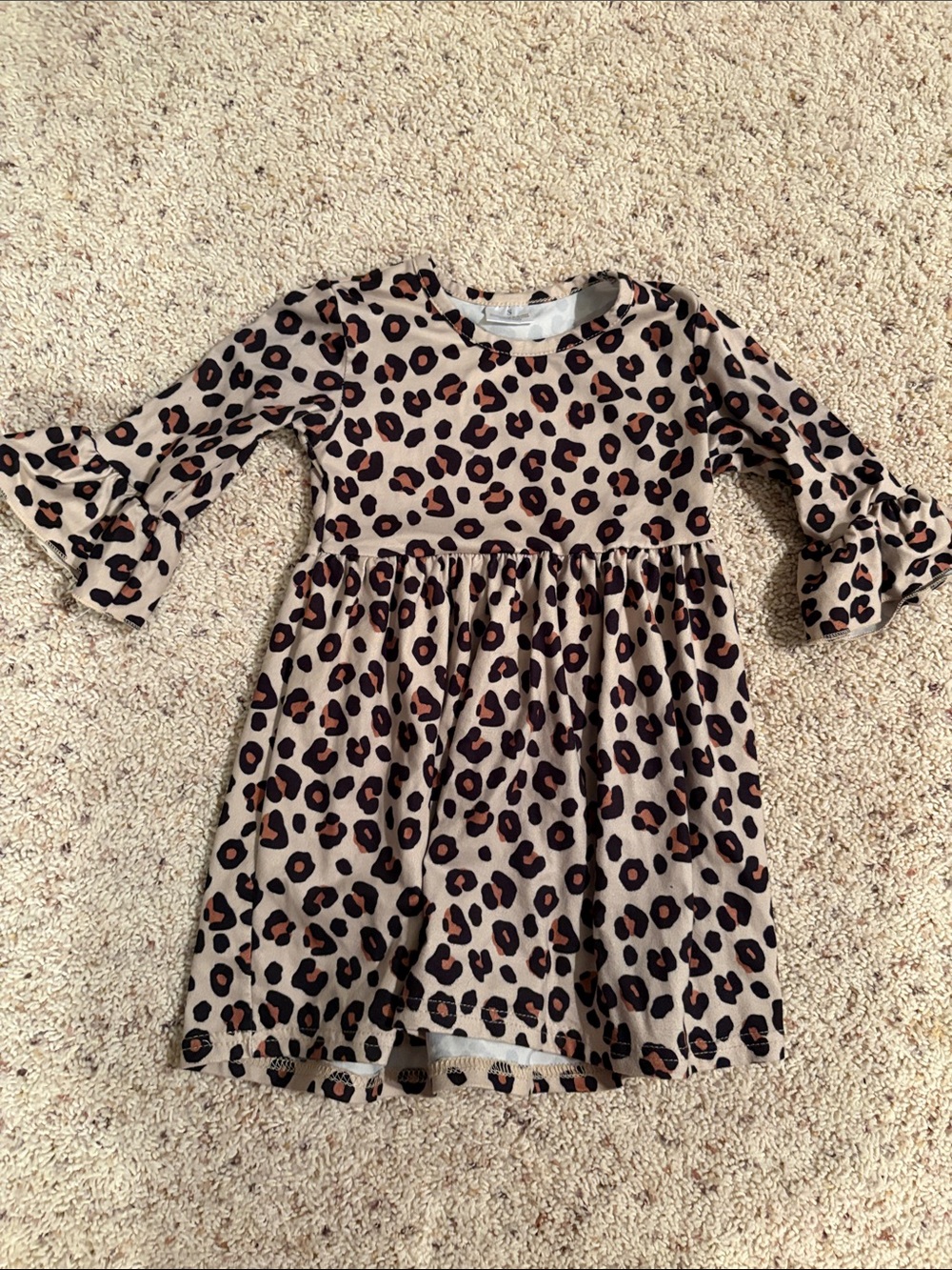 Girls Leopard Print Beige and Brown Ruffle Sleeve Dress